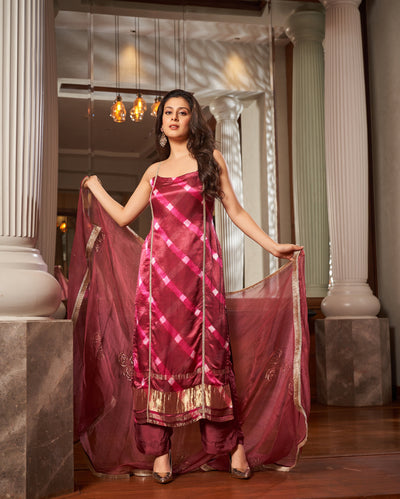 Ojas Maroon Leheriya Silk Suit Set