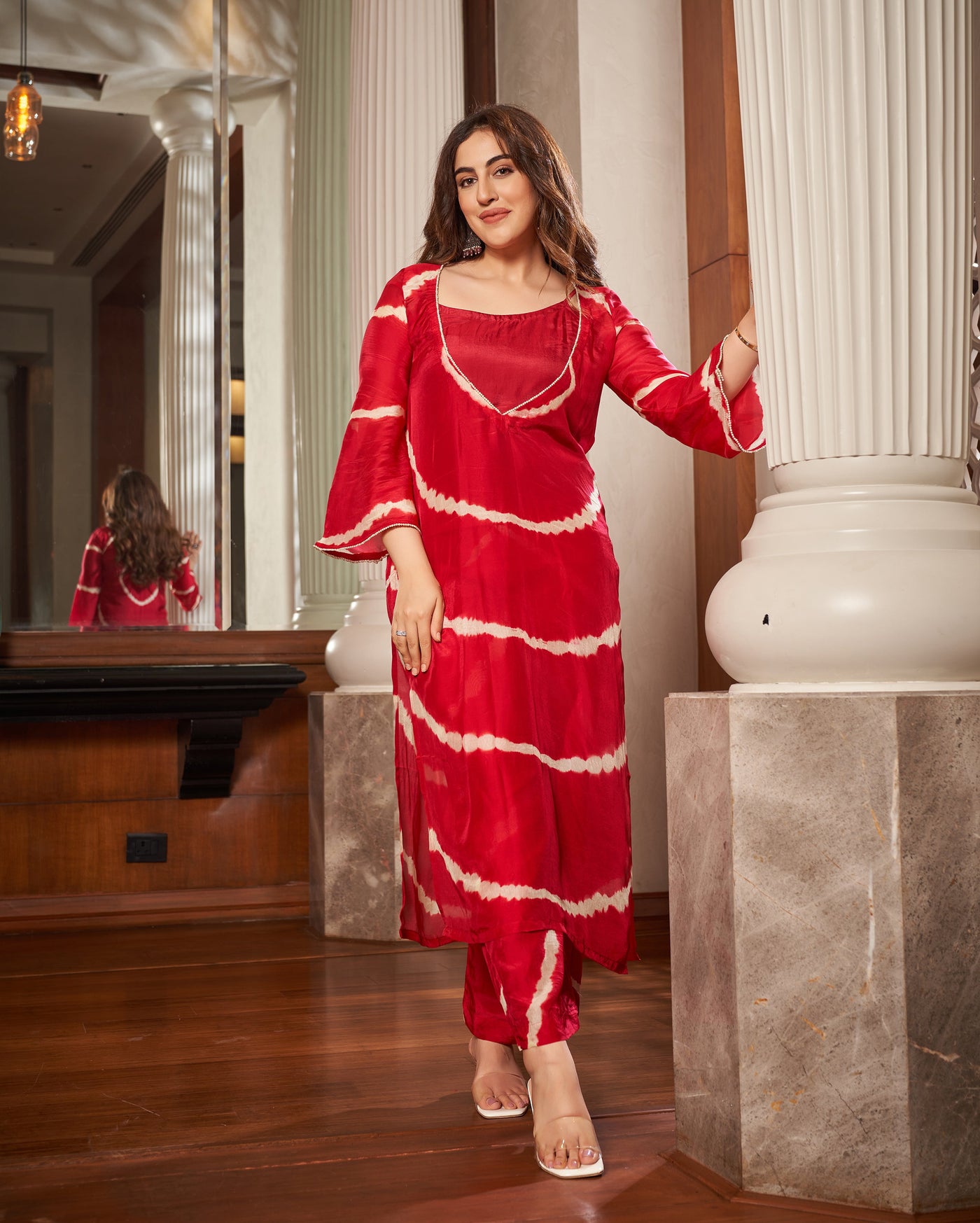 Anavila Red Leheriya Silk Kurta Set