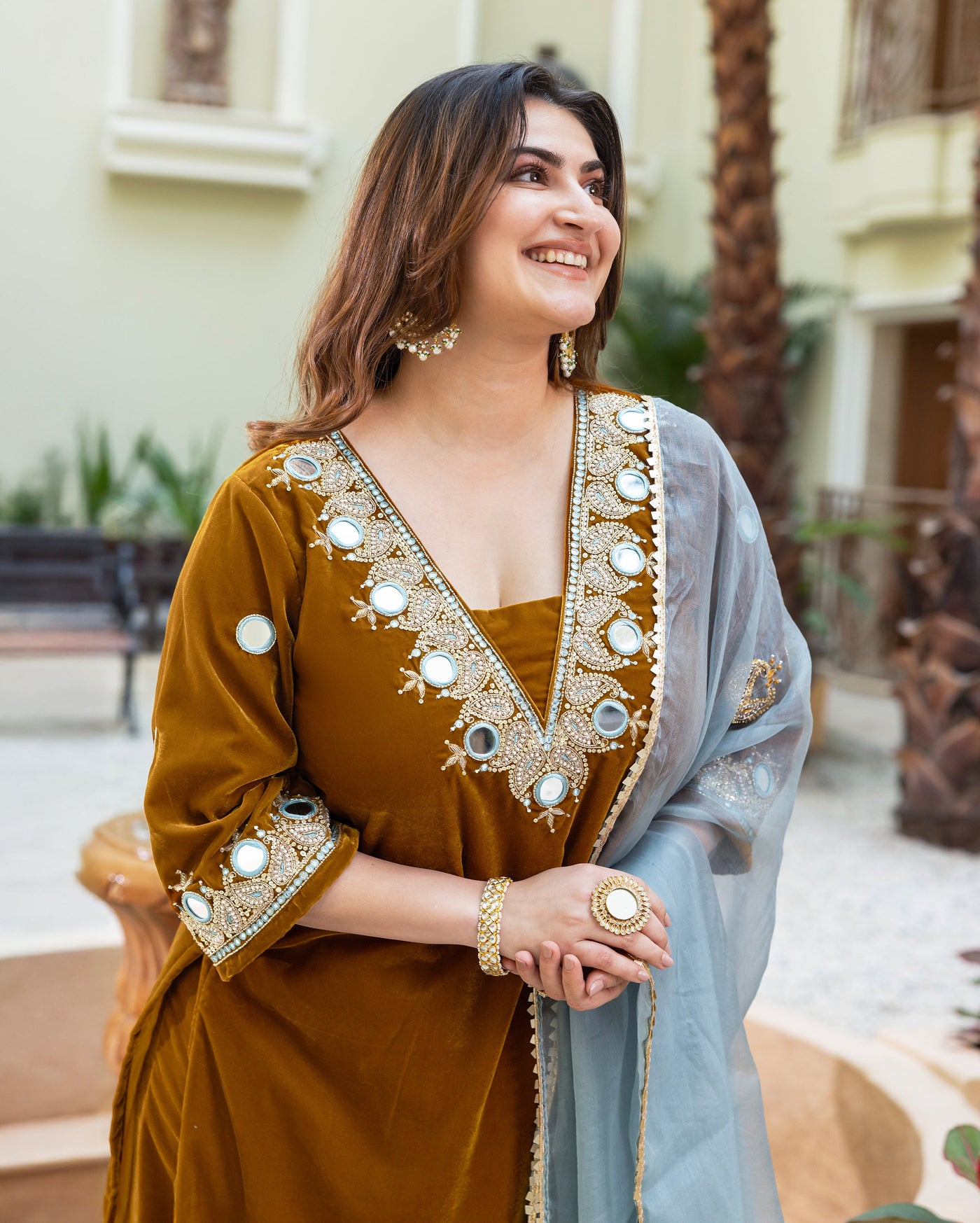 Khardali Mustard Embroidered Velvet Suit Set