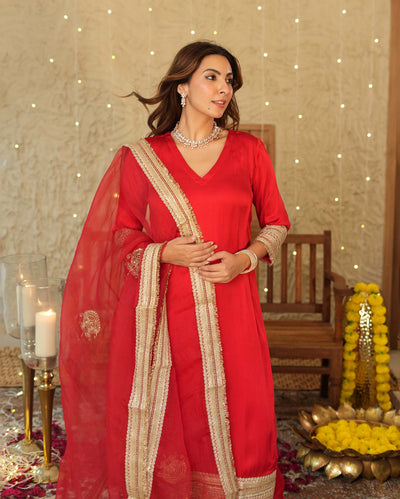 Kumkum Red Solid Satin Suit Set