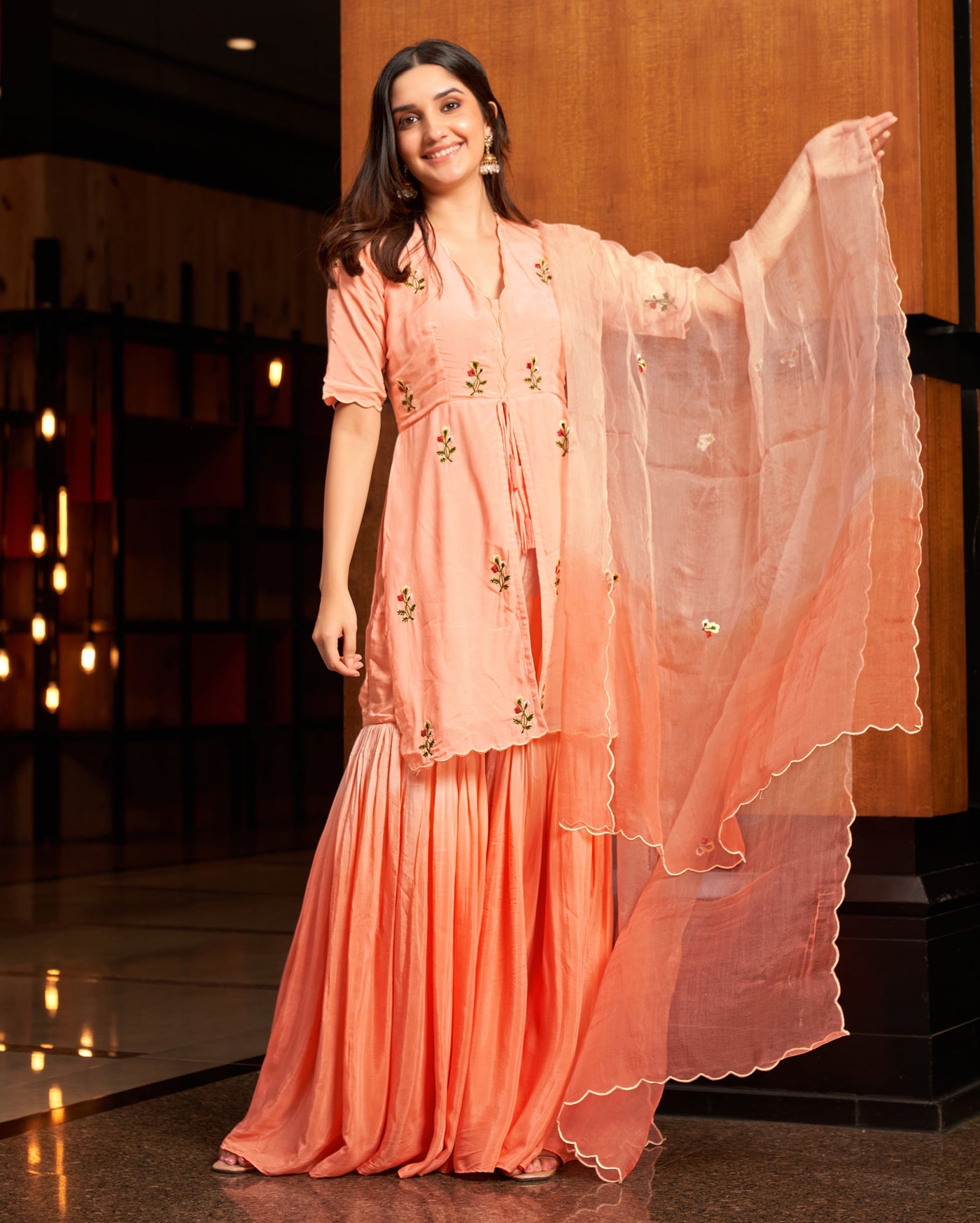 Heather Peach Embroidered Muslin Silk Sharara Set 