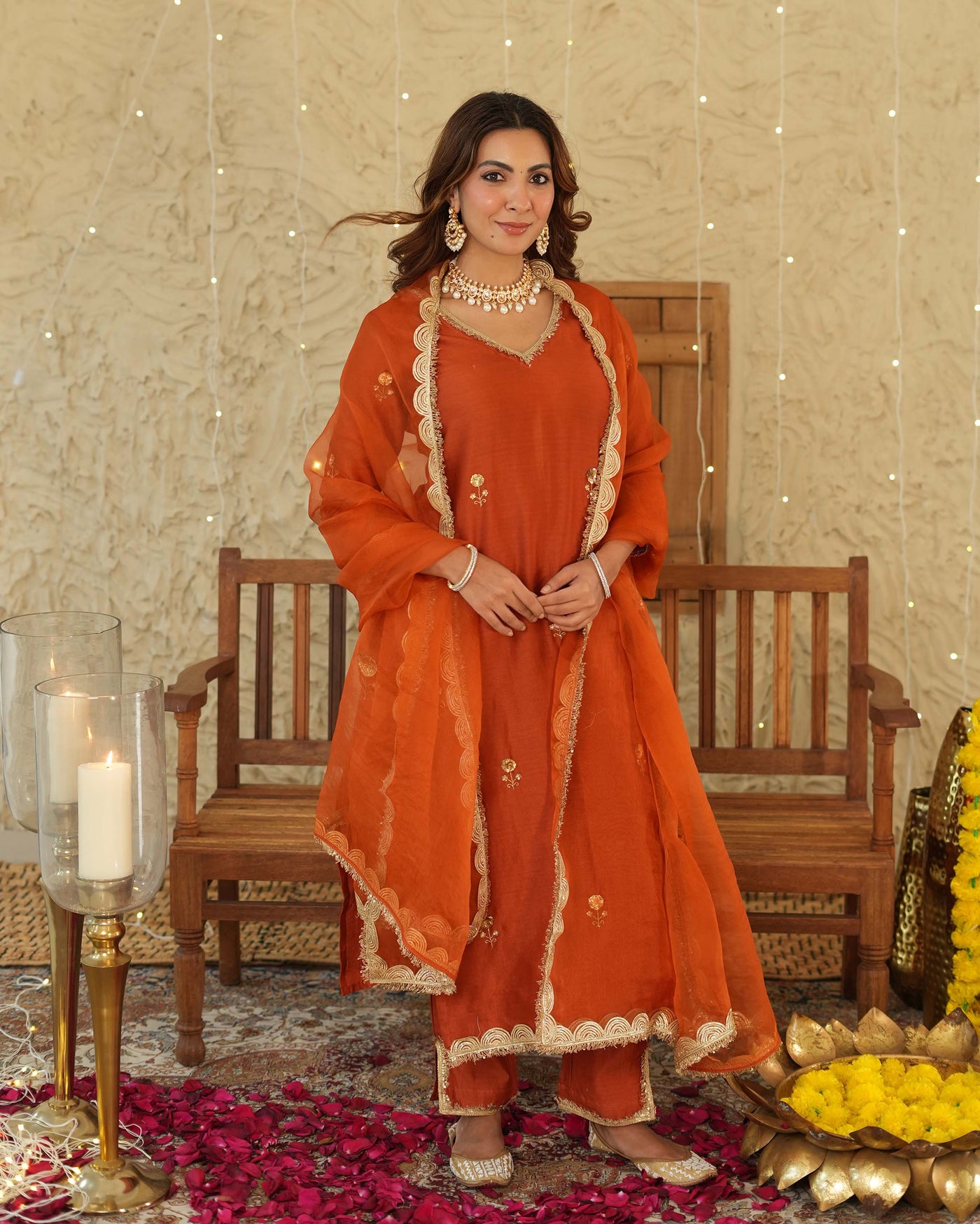 Roshni Orange Embroidered Chanderi Suit Set