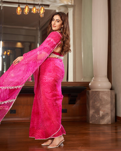 Sangam Pink Leheriya Organza Pre Draped Saree