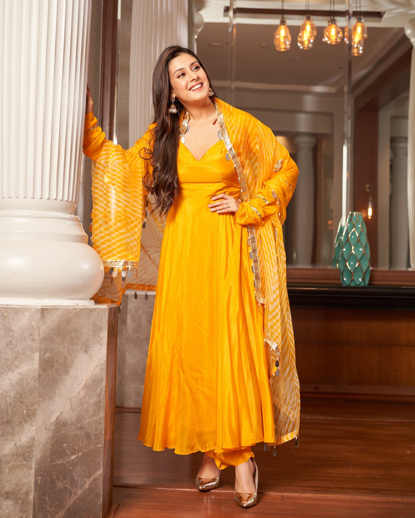 Avittam Mustard Yellow Leheriya Silk Suit Set