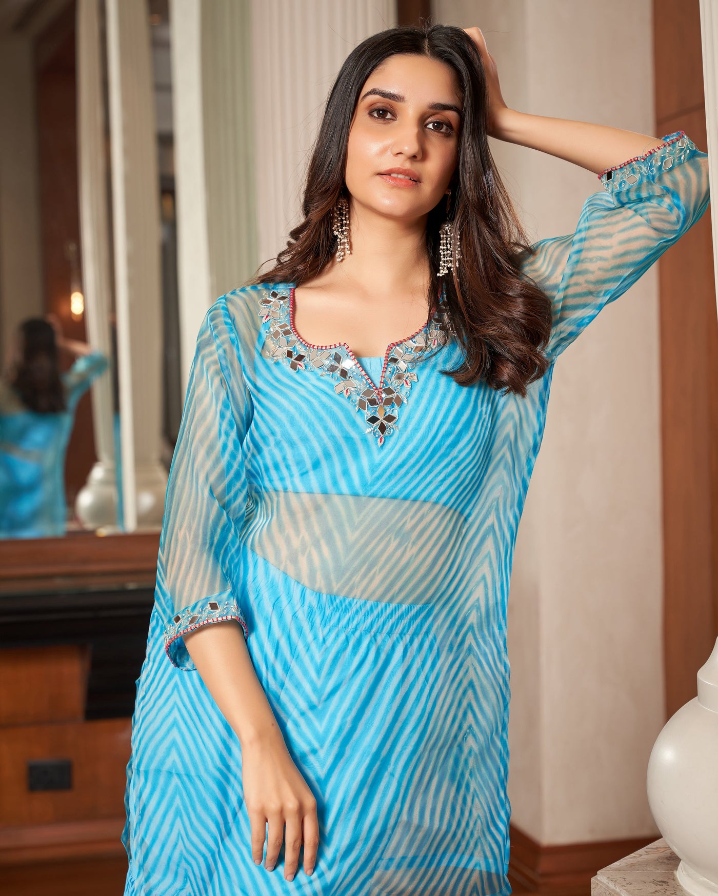 Tijori Light Blue Leheriya Organza Sharara Set