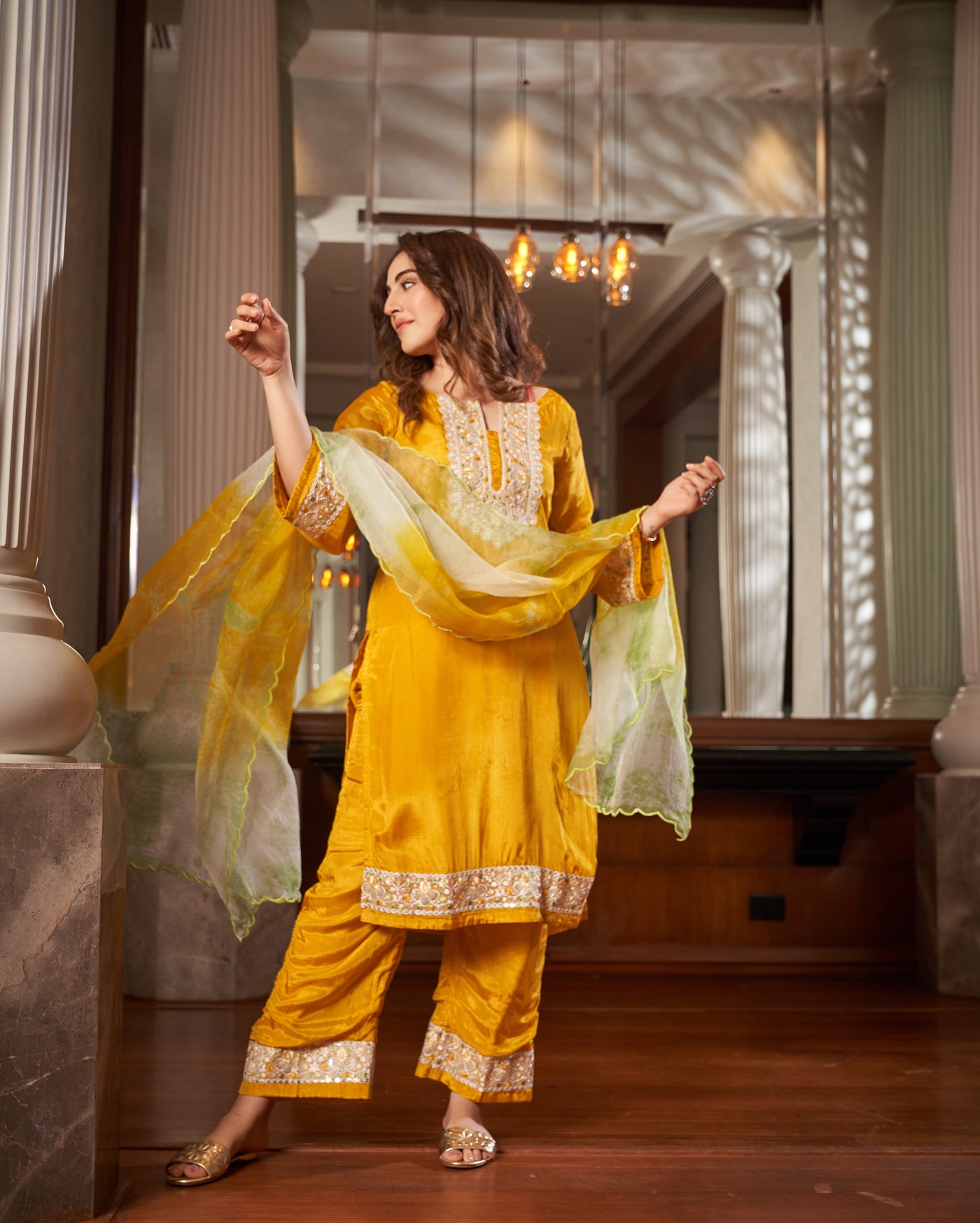 Seedit Yellow Solid Silk Suit Set