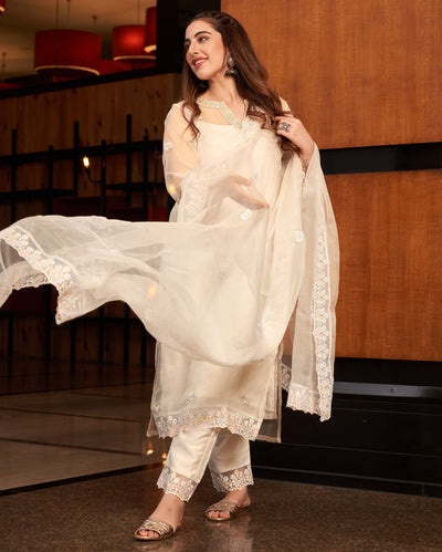 Pratha White Embroidered Organza Suit Set