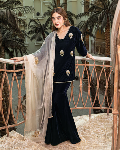 Nihayat Navy Embroidered Velvet Sharara Set