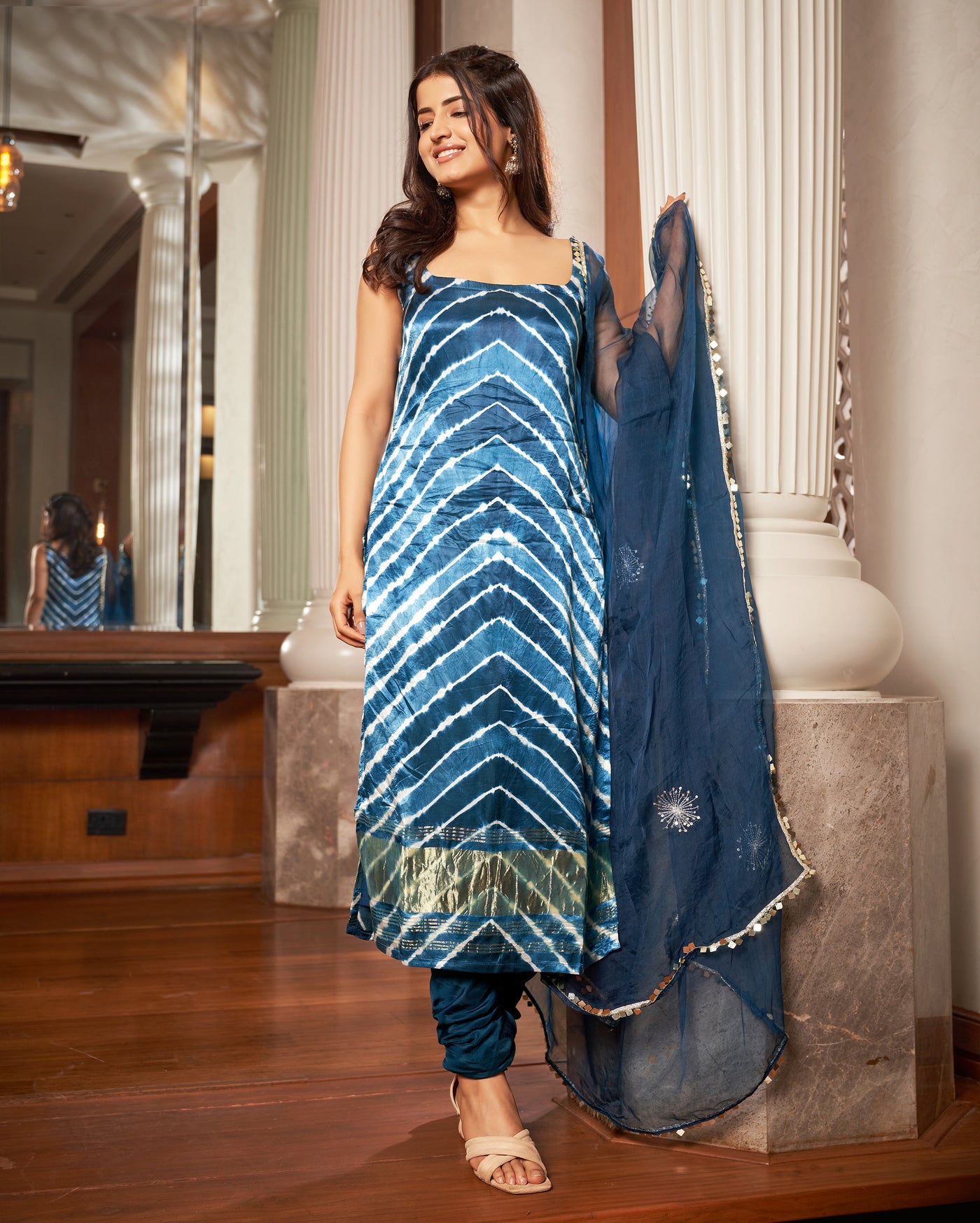 Dhara Blue Leheriya Silk Suit Set