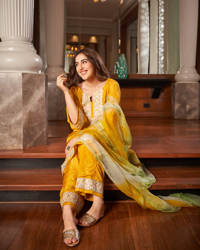 Seedit Yellow Solid Silk Suit Set