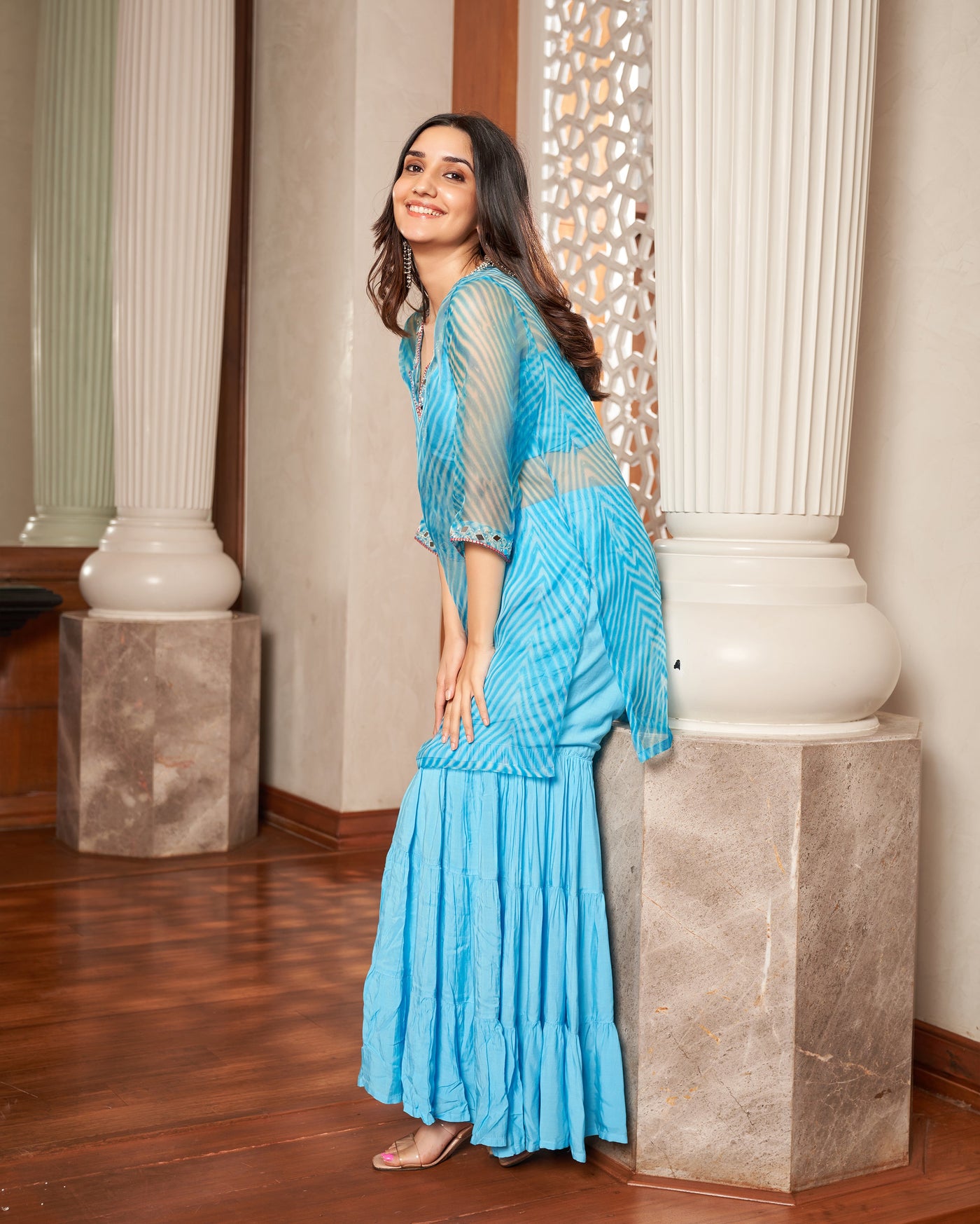 Tijori Light Blue Leheriya Organza Sharara Set