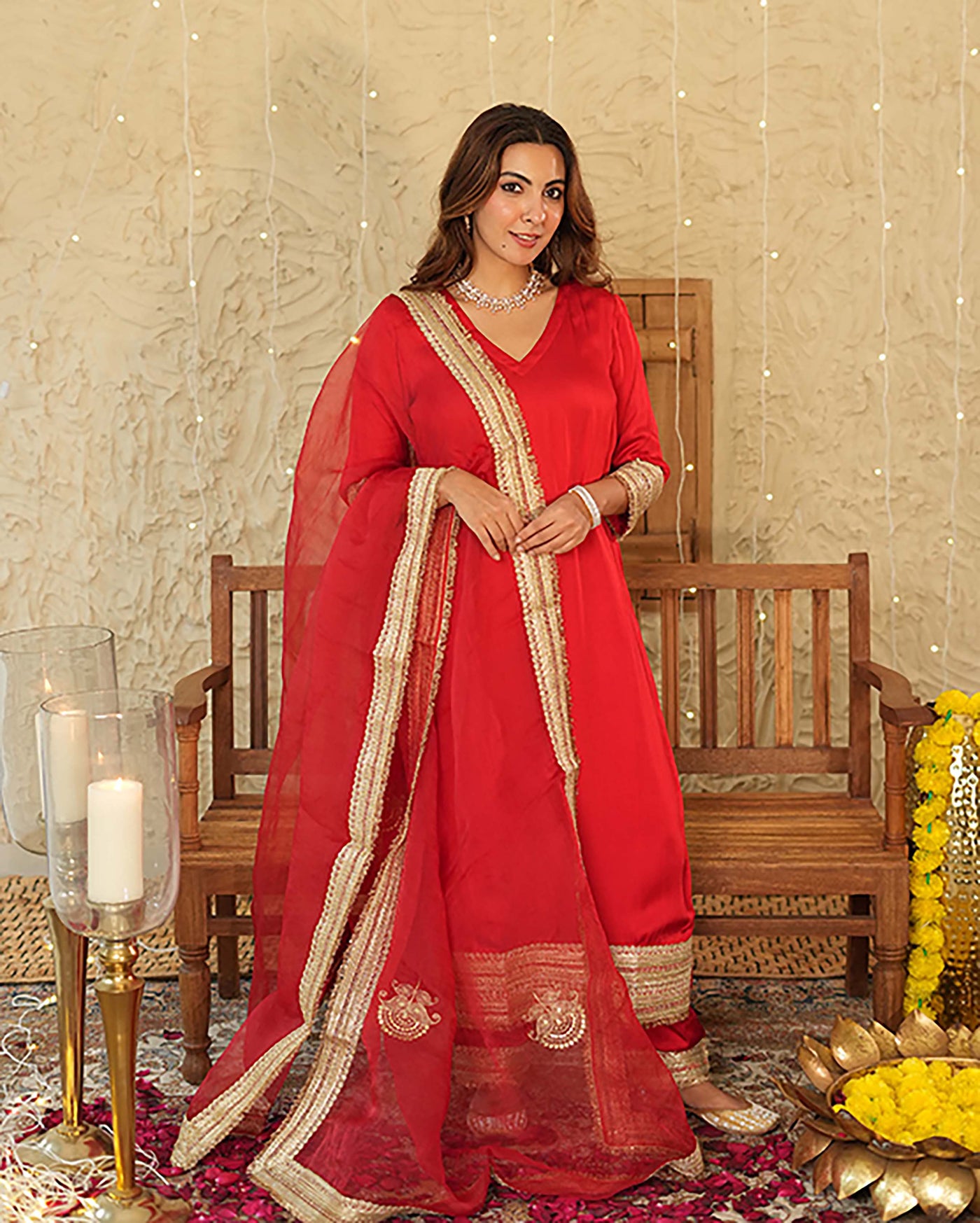 Kumkum Red Solid Satin Suit Set