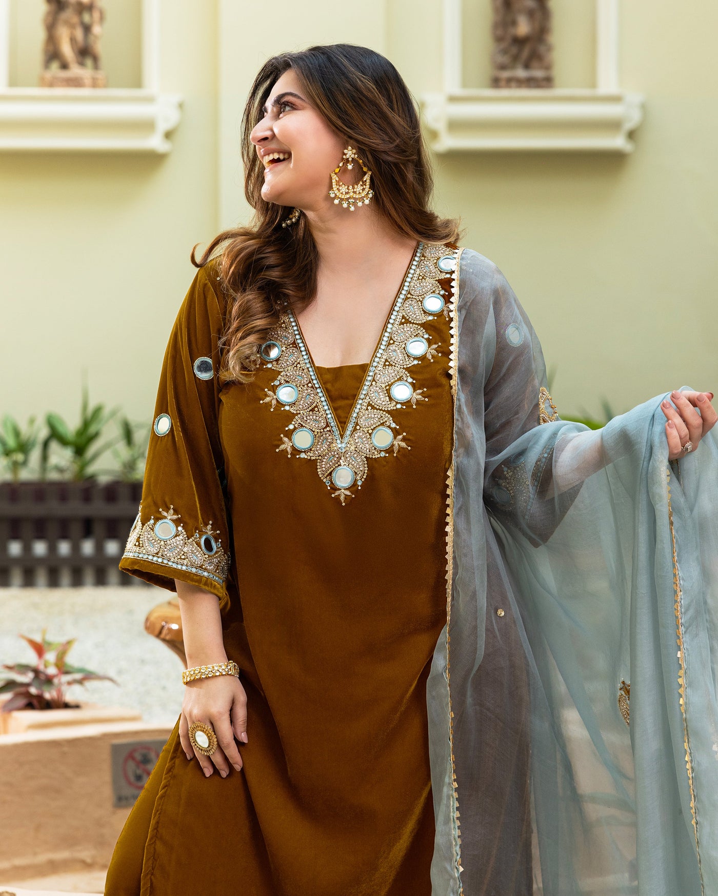 Khardali Mustard Embroidered Velvet Suit Set