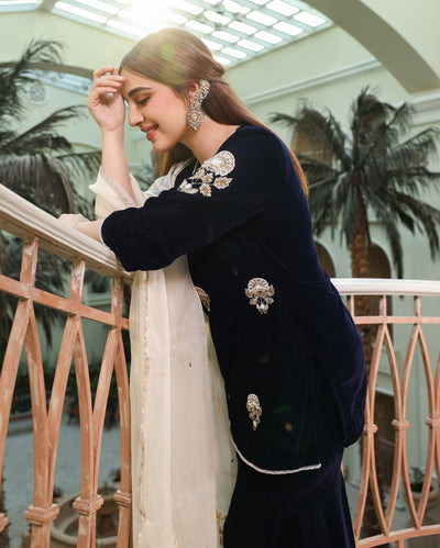 Nihayat Navy Embroidered Velvet Sharara Set