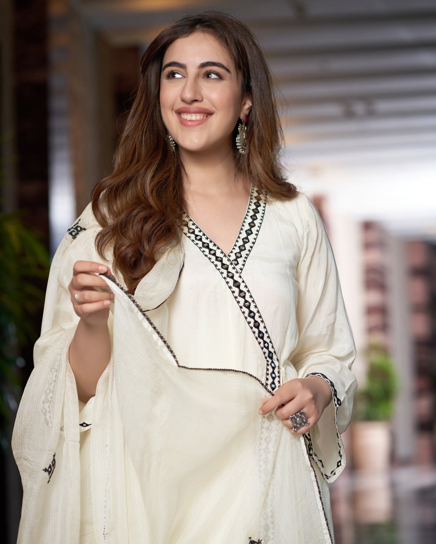 Manjari Off White Embroidered Muslin Silk Suit Set