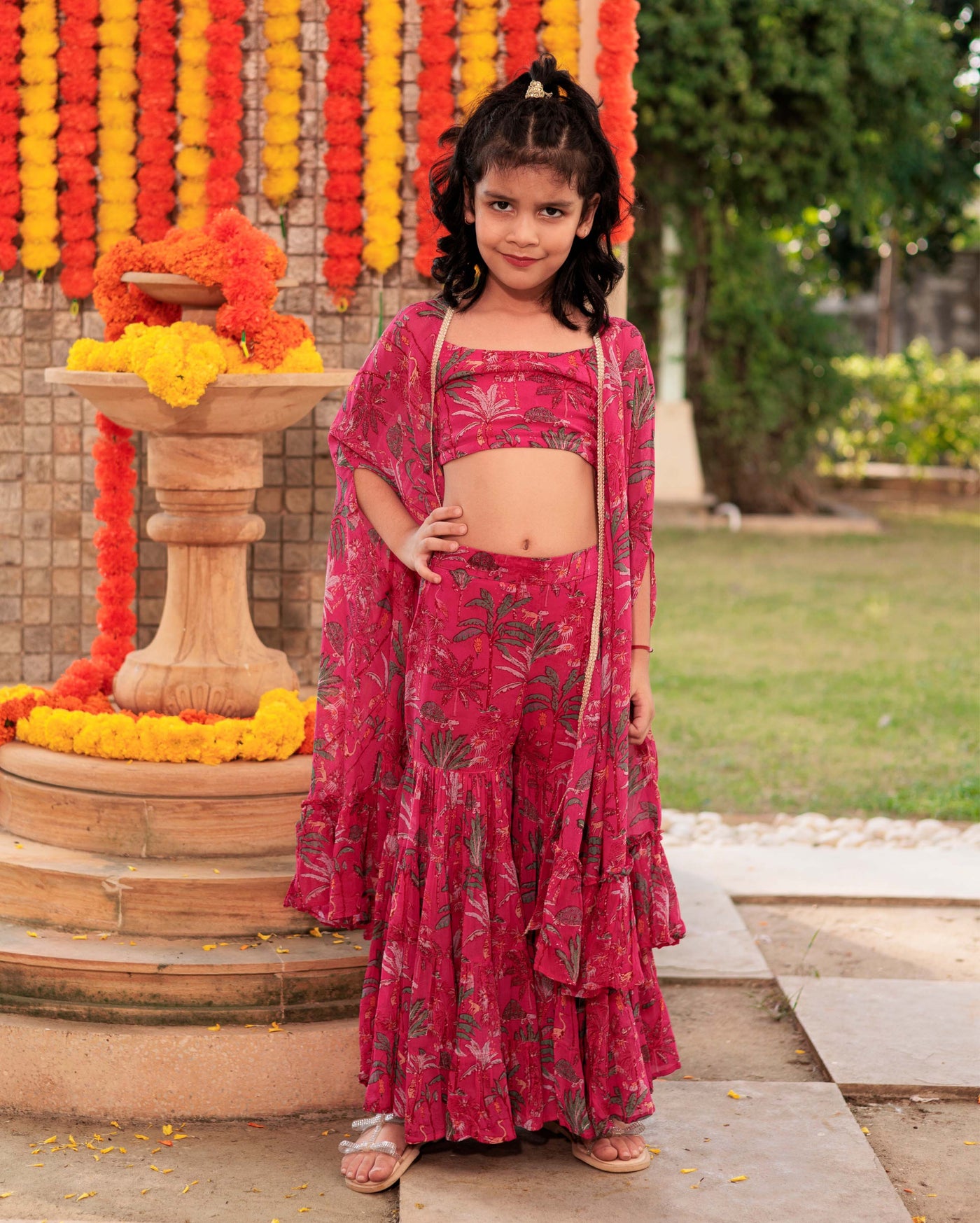 Puddle Petals Pink Georgette Cape Sharara Set