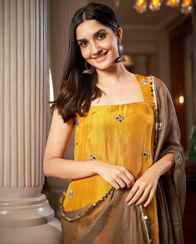 Avni Yellow Grey Tie-Dye Chanderi Suit Set