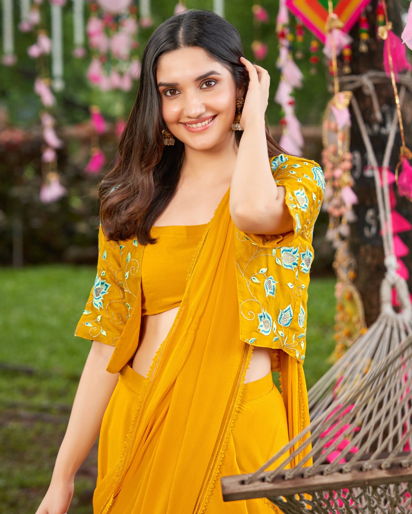 Uday Mustard Yellow Embroidered Chinon Pre Draped Saree