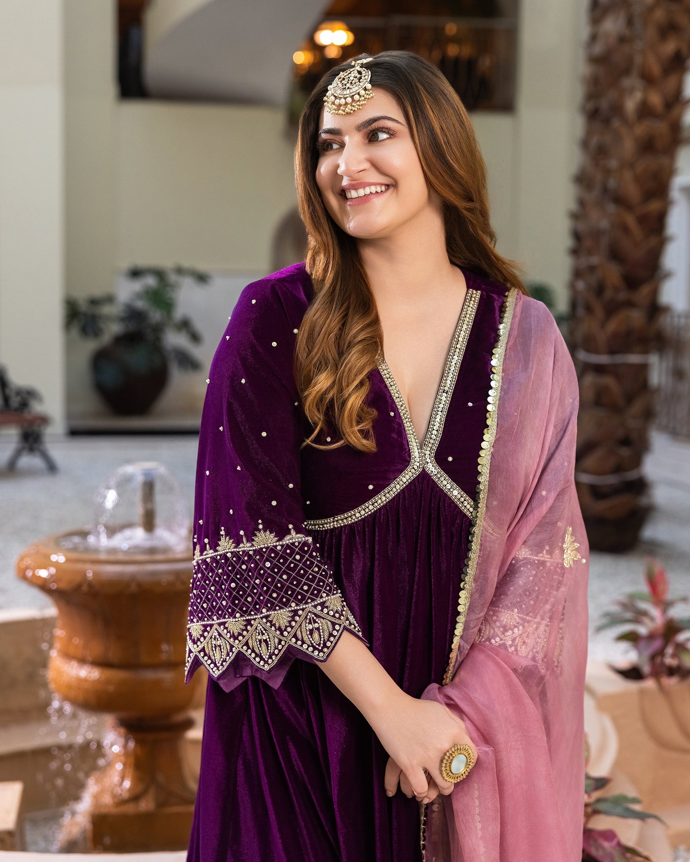 Jamni Purple Embroidered Velvet Suit Set