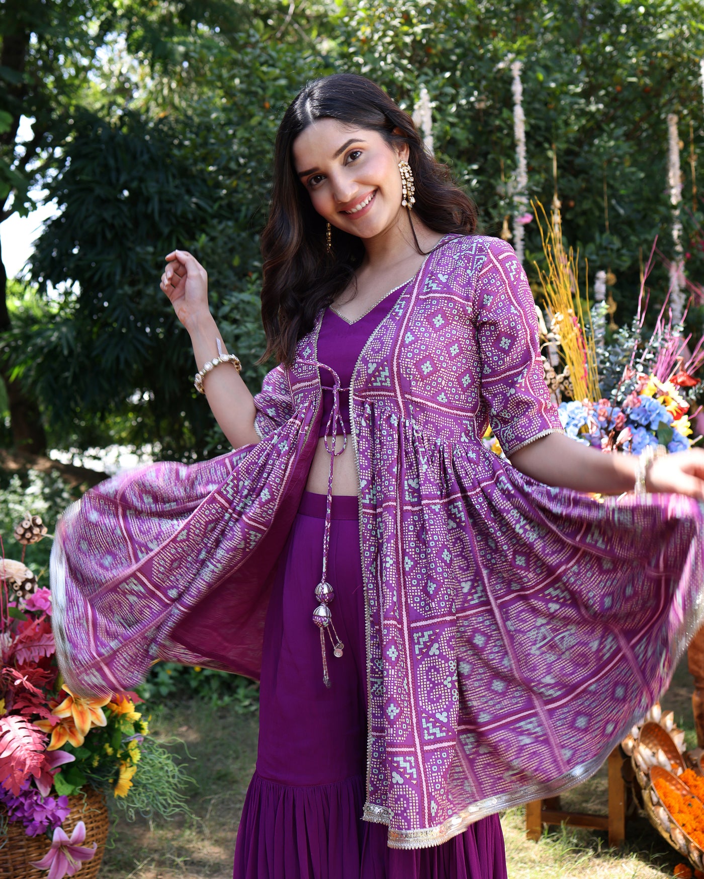 Geometric Purple Elegance Printed Satin Sharara Set