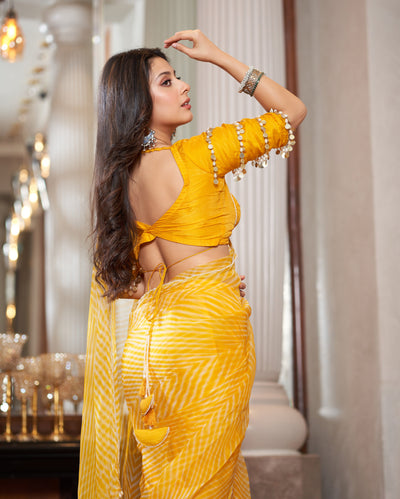 Agni Yellow Leheriya Organza Pre Draped Saree