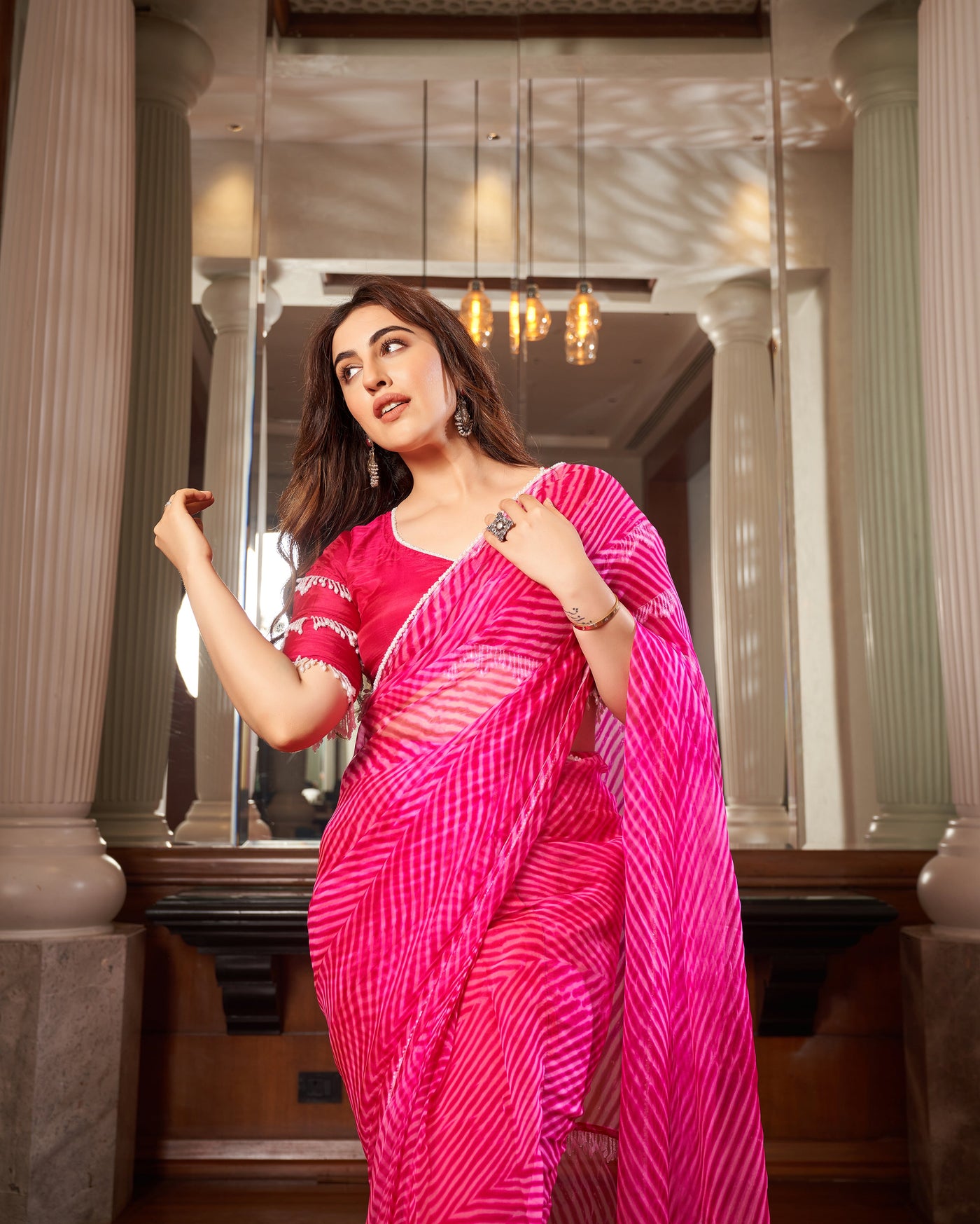 Sangam Pink Leheriya Organza Pre Draped Saree