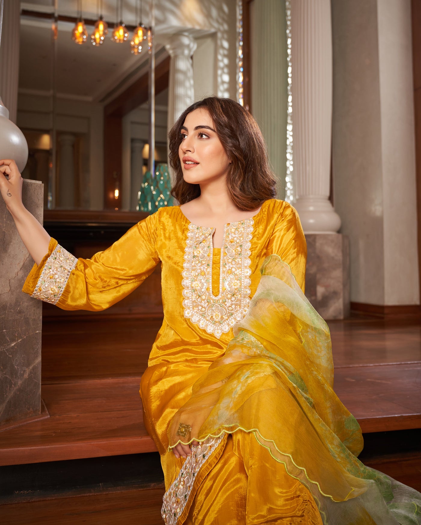 Seedit Yellow Solid Silk Suit Set