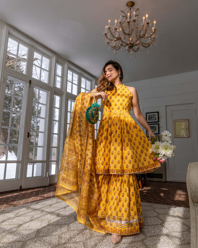 Yellow Dutch Handblock Sharara Set