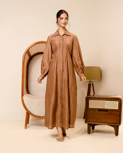 Supreme Brown Solid Linen Georgette Shirt Dress