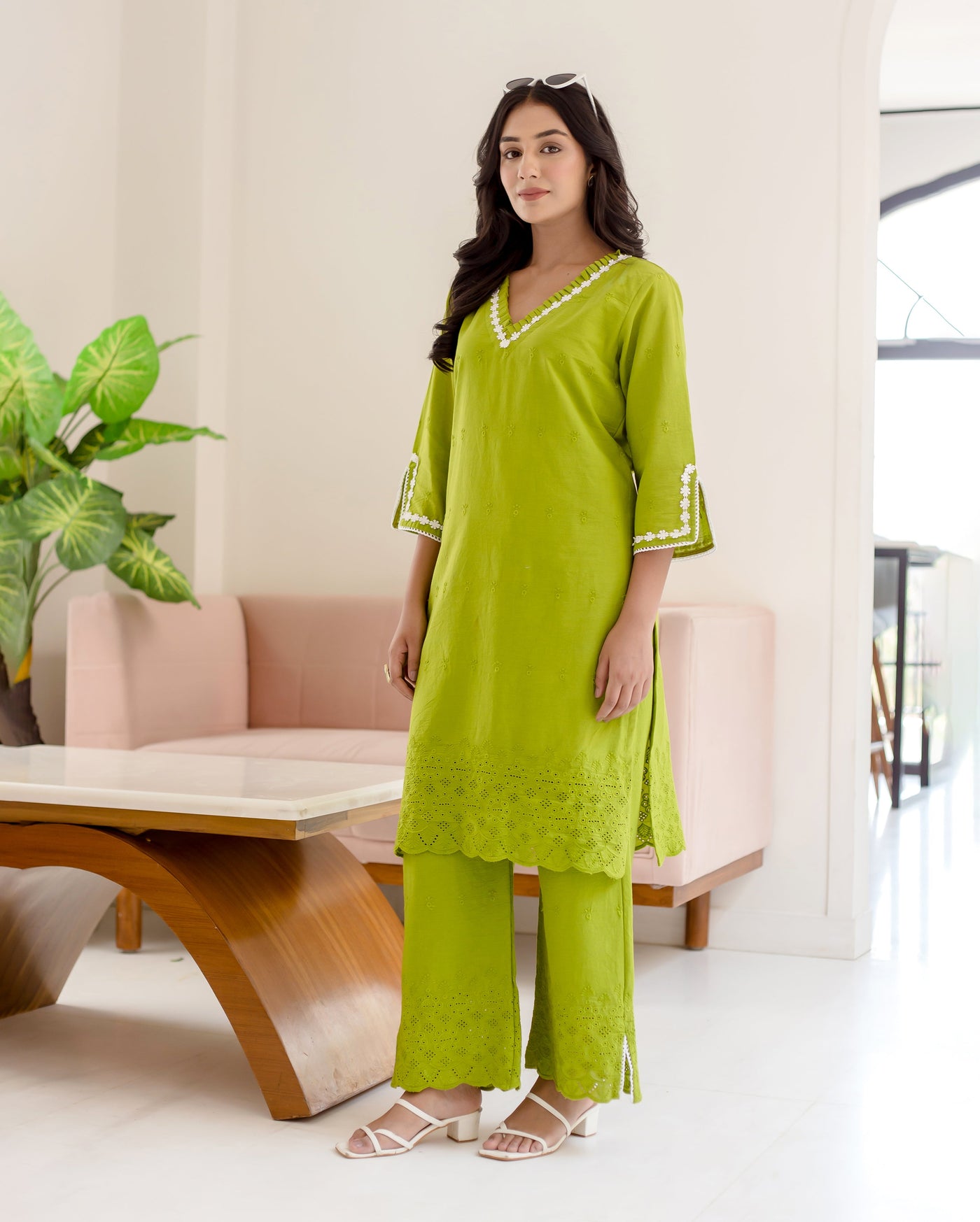 Zinnia Parrot Green Solid Cotton Schiffli Coord Set