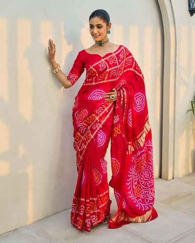 Moonlit Harmony Red Silk Bandhani Saree