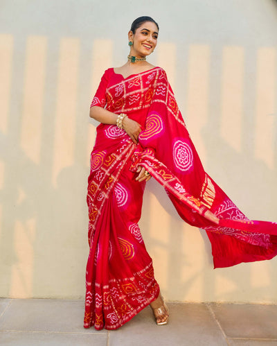 Moonlit Harmony Red Silk Bandhani Saree