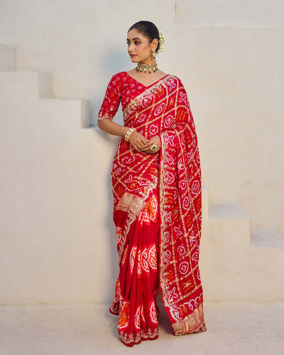 Dazzling Red Silk Bandhani Saree