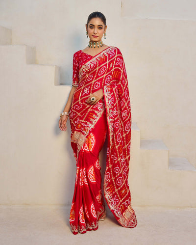 Dazzling Red Silk Bandhani Saree