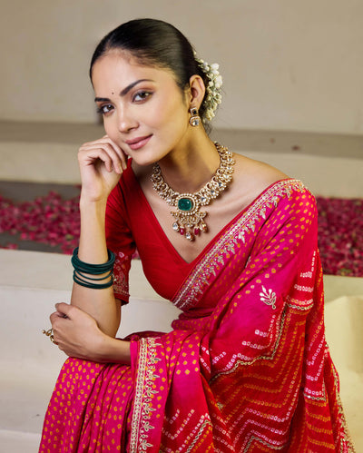 Whimisical Red-Pink Silk Bandhani Saree