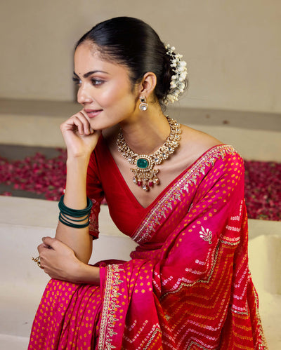 Whimisical Red-Pink Silk Bandhani Saree