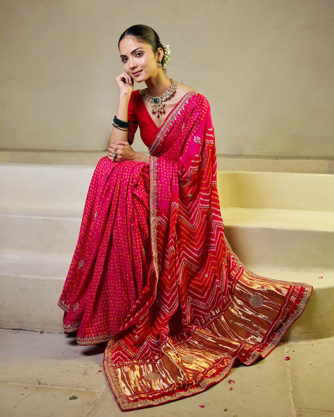 Whimisical Red-Pink Silk Bandhani Saree